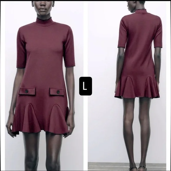 NWT Zara Burgundy Mock Neck Flared Hem Mini Dress Size S - Picture 2 of 11